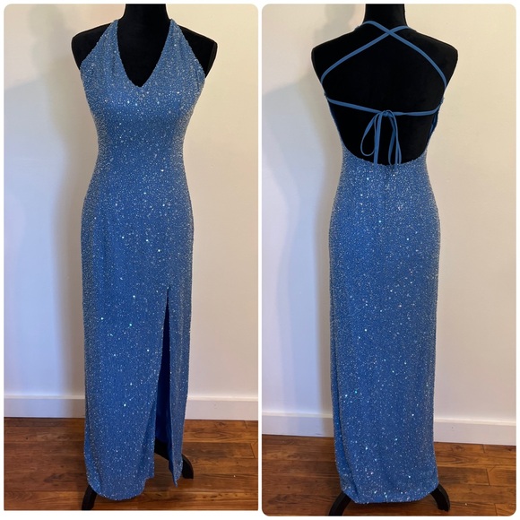 Vintage Jump Apparel Wendye Chaitin Blue Beaded Maxi Slit Prom Dress Size 5/6 - Picture 1 of 13